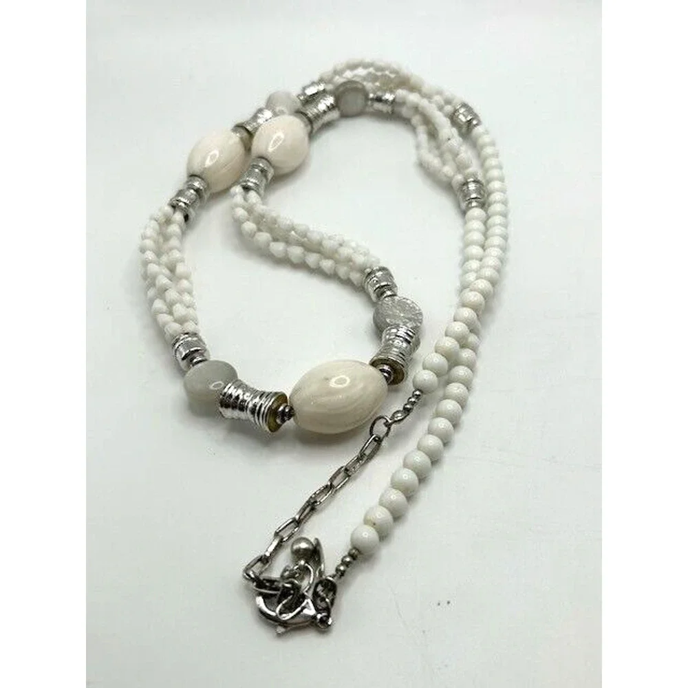 Chicos‎ Womens White Stone Beaded Silver Tone Necklace 36” Length